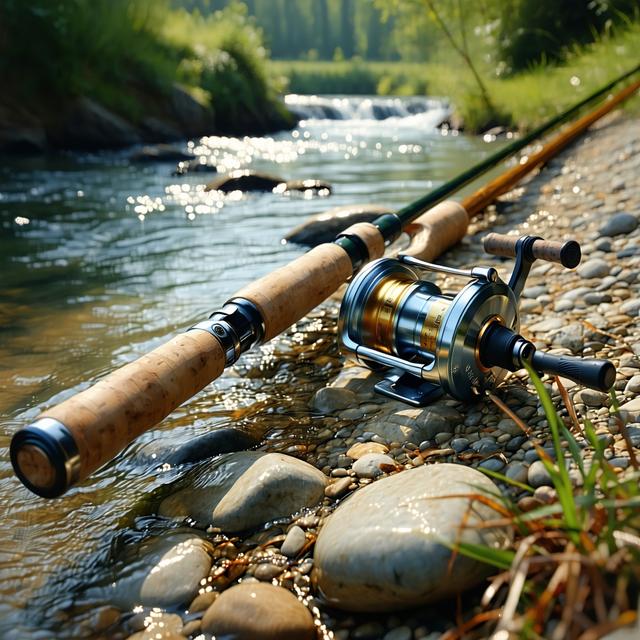 Fly fishing rod and reel resting on riverbank