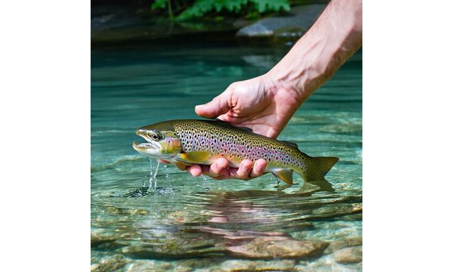 Angler releasing trout into clear water